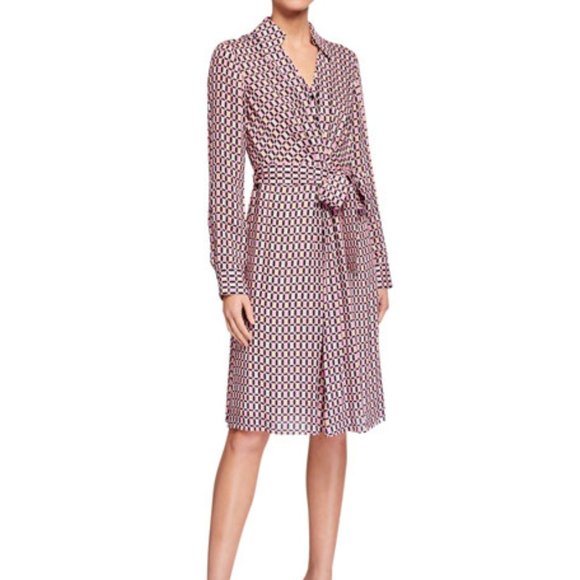 Elie Tahari Dresses & Skirts - Elie Tahari Saxon Geometric Print Tie Waist Shirtdress Dress in Canyon Rose
